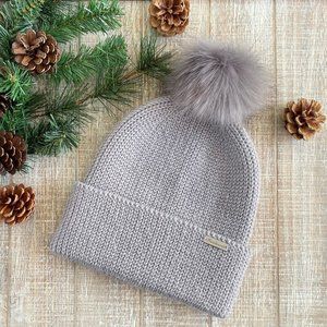 Merino Wool Pompom Gray Beanie Fold Over Hat
